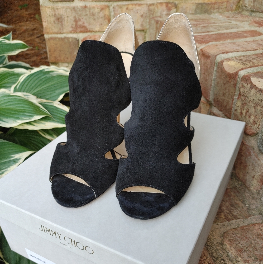 Jimmy Choo Tarine WITH BOX Suede Cutout Bootie Sandal, Black/Mirrored Nude 38.5 - Picture 8 of 16